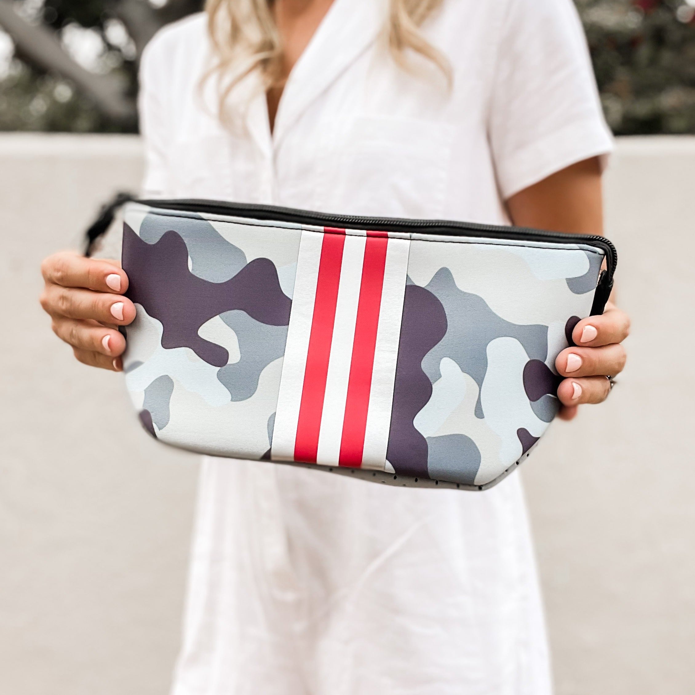 The Taylor Camo Neoprene Tote | Groovy's | Stripe Camo Neoprene Bag