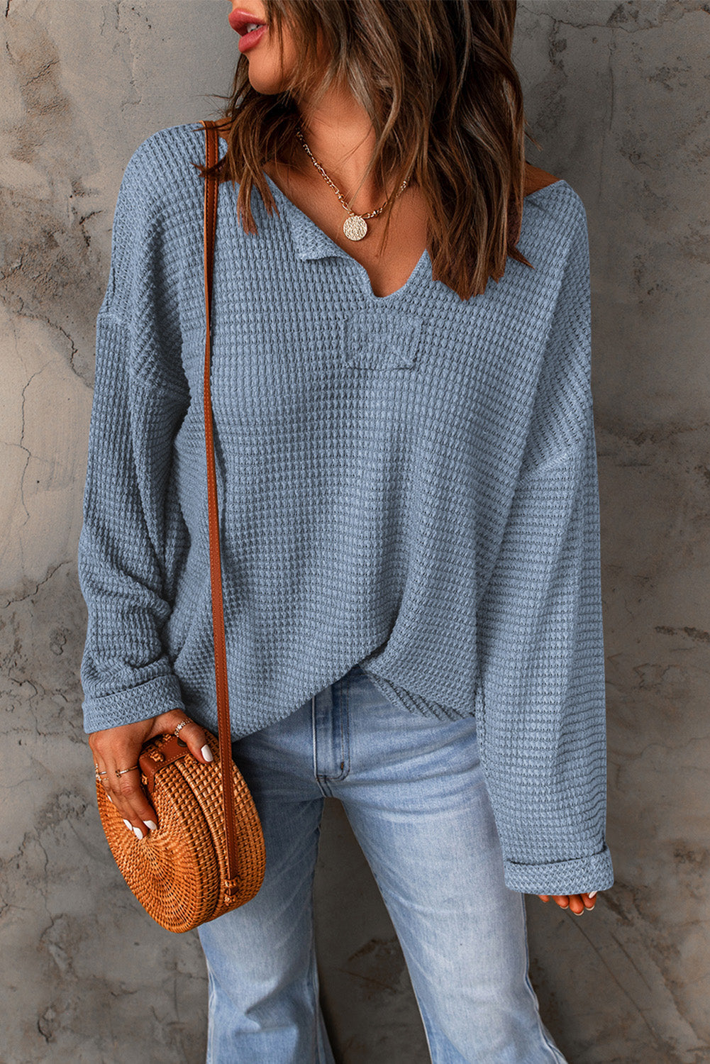 Rylie Waffle Knit Loose Long Sleeve Top - Threaded Pear