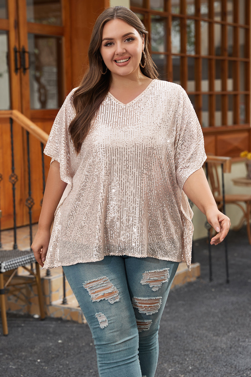 Plus Size Sequined V Neck Boxy Top