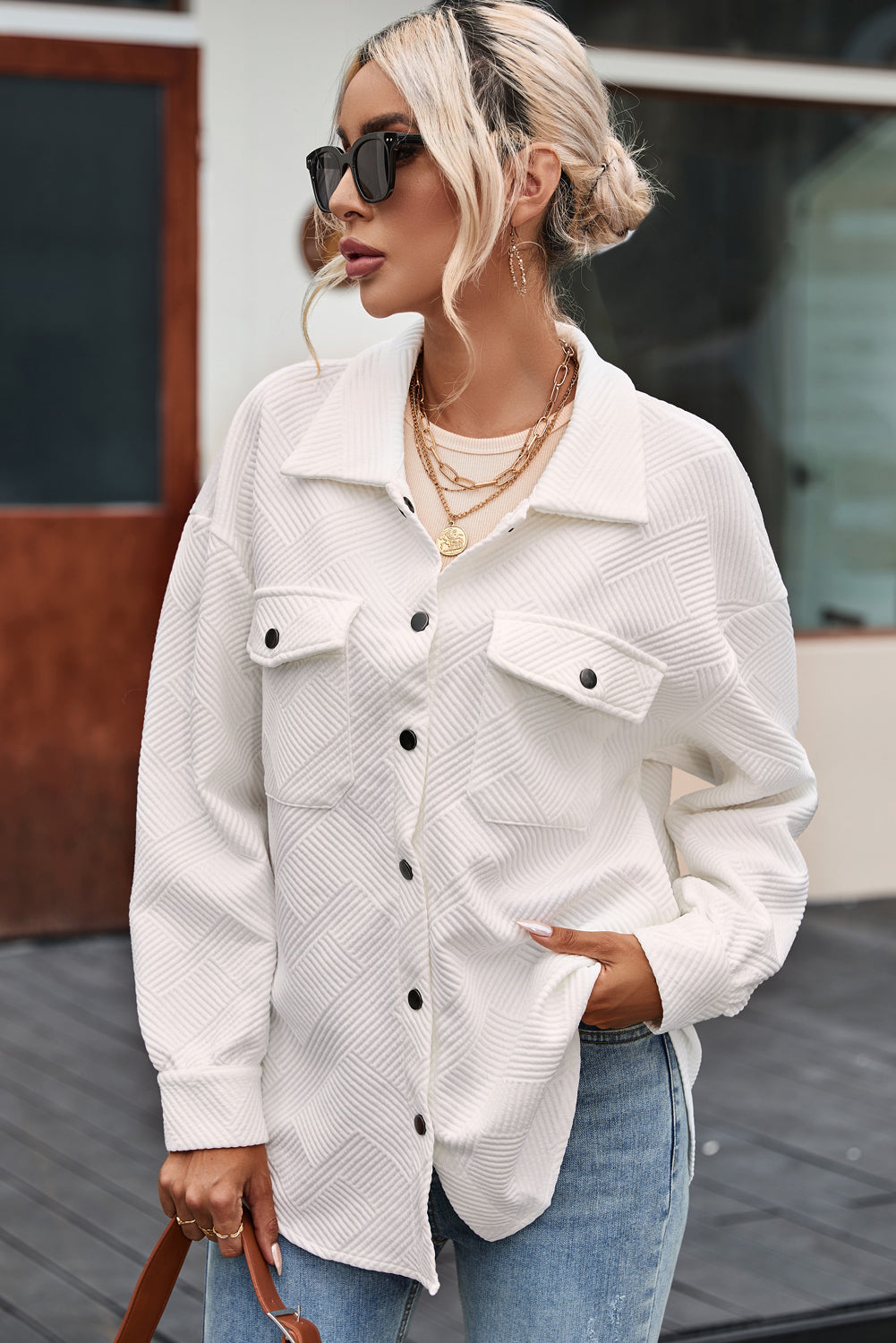 Rosalie Textured Flap Pocket Buttoned Shacket - Threaded Pear