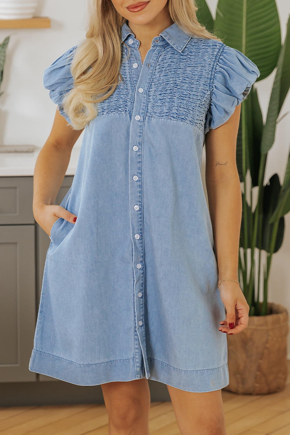 Vanessa Flutter Sleeve Button Up Denim Dress