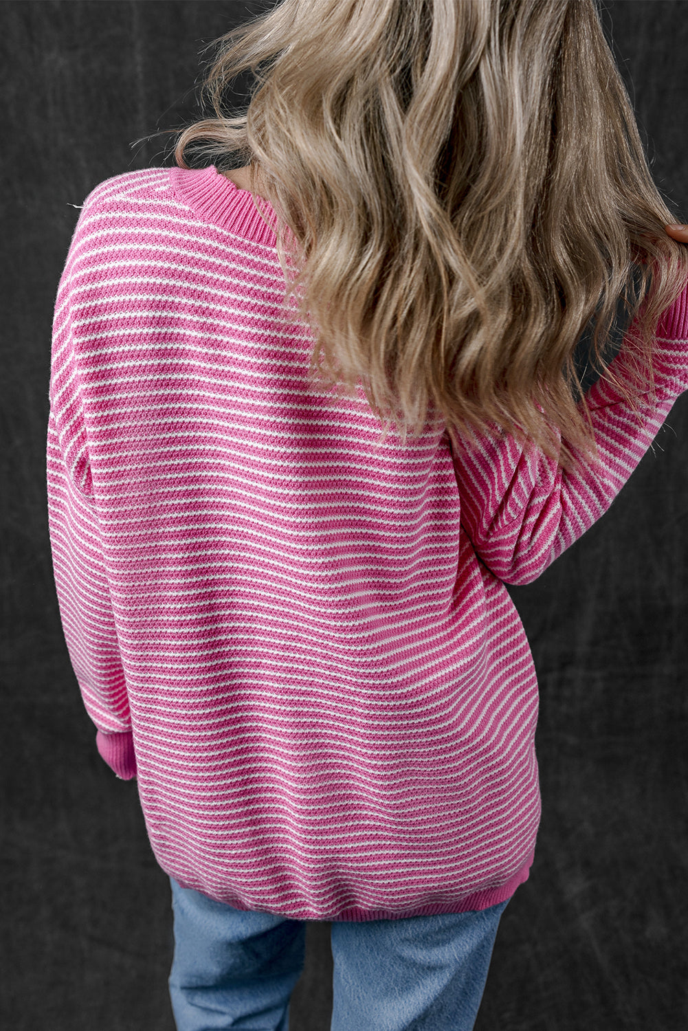 Alana Striped Scallop V Neck Loose Sweater