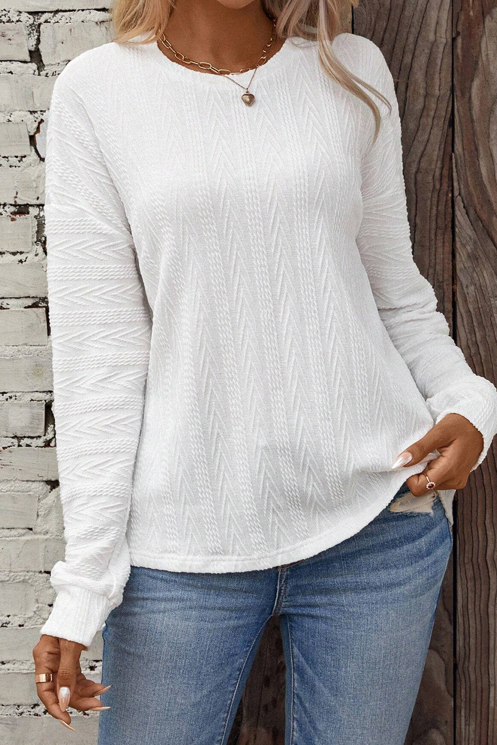 Jane Round Neck Drop Shoulder Textured Knit Top - Threaded Pear