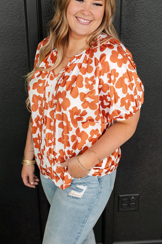 Plus Size Floral Print Drawstring V Neck Short Sleeve Blouse