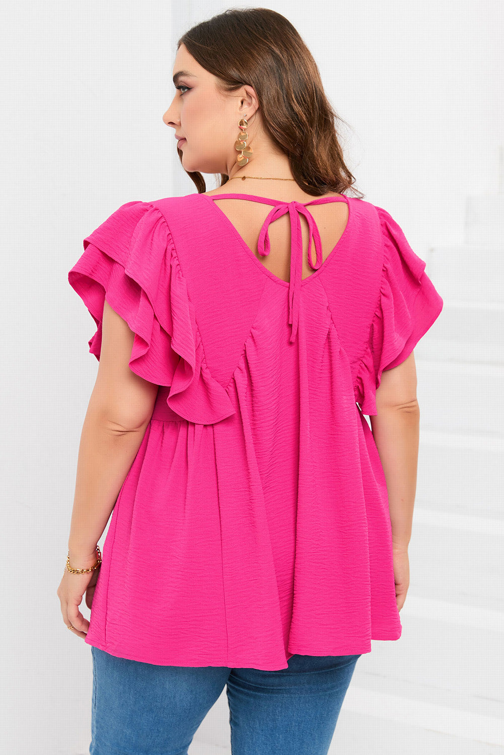 Plus Size Ruffle V Neck Tie Back Tunic Top