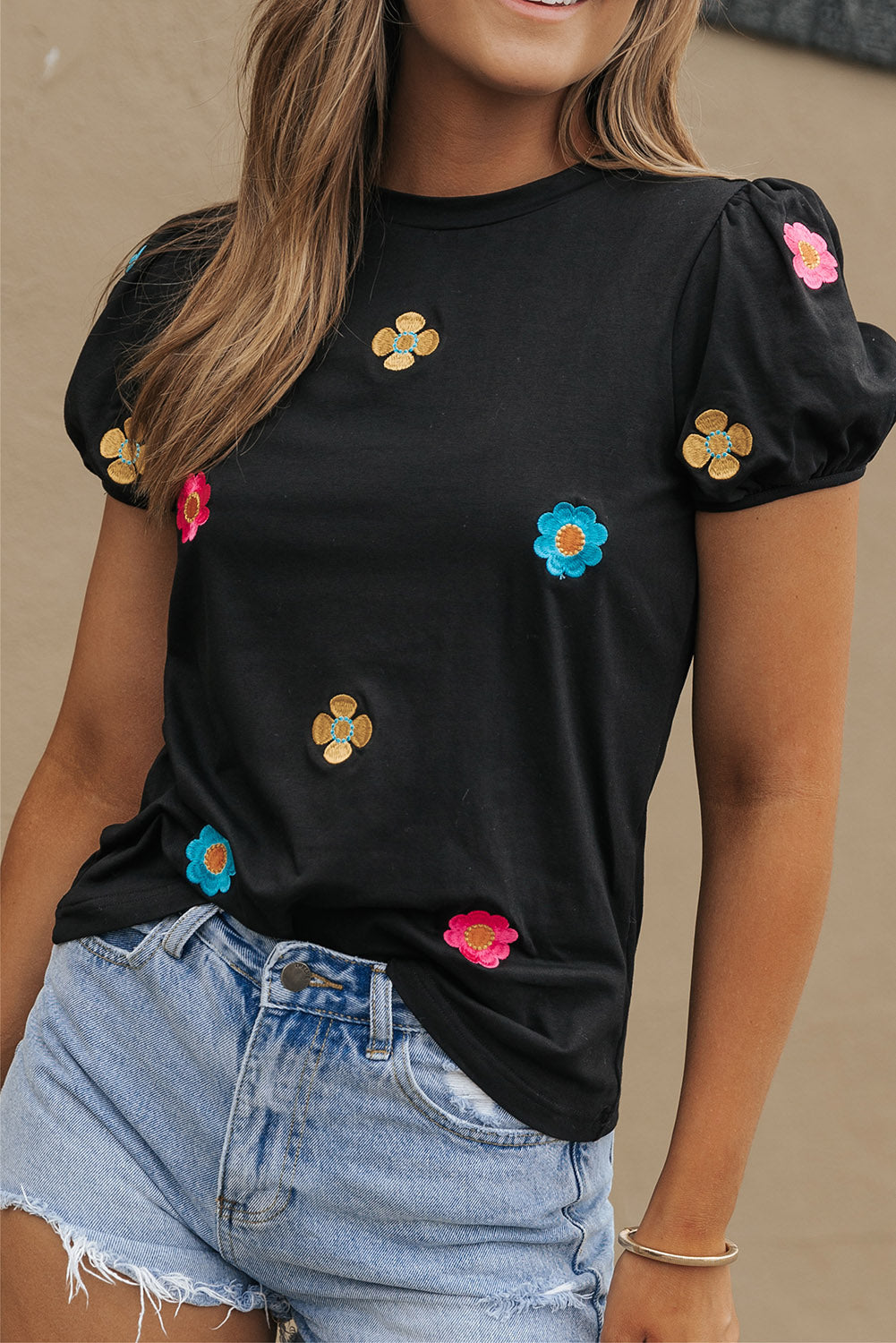 Oaklyn Embroidered Flower Short Puff Sleeve Tee - Threaded Pear