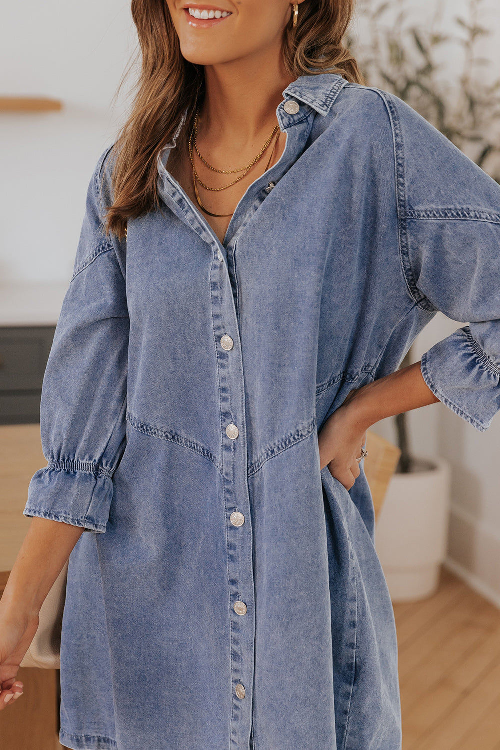 Londyn Buttoned Long Sleeve Denim Mini Dress - Threaded Pear