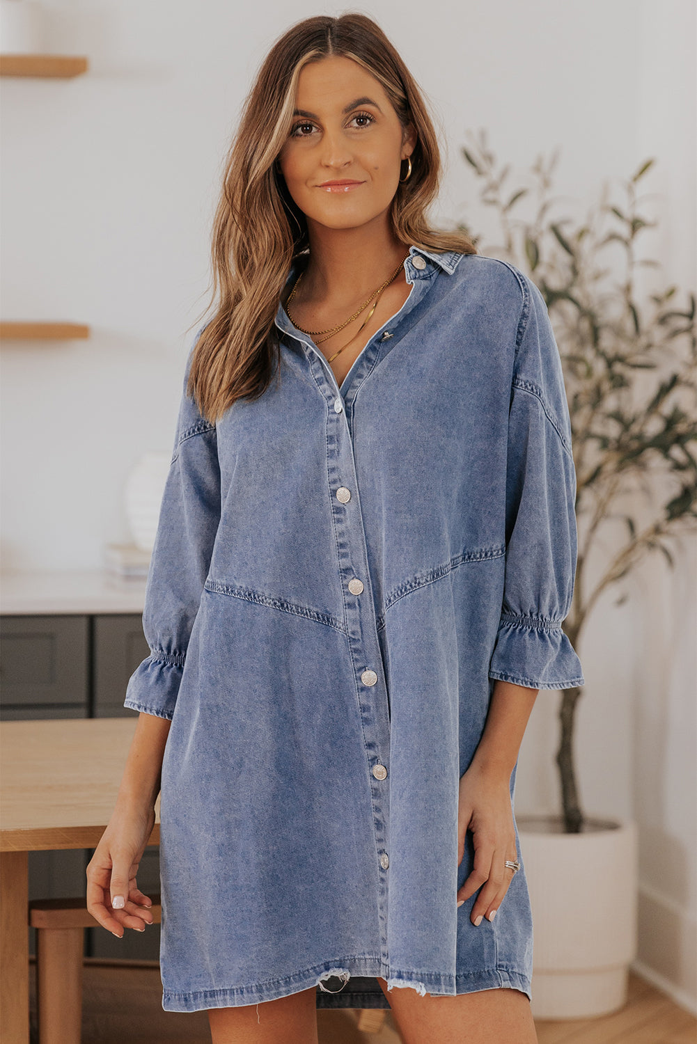 Londyn Buttoned Long Sleeve Denim Mini Dress - Threaded Pear