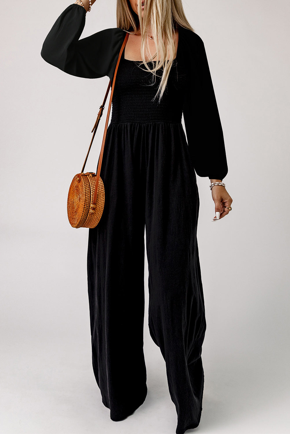 Ryleigh Smocked Square Neck Long Sleeve Wide Leg Jumpsuit - Threaded Pear