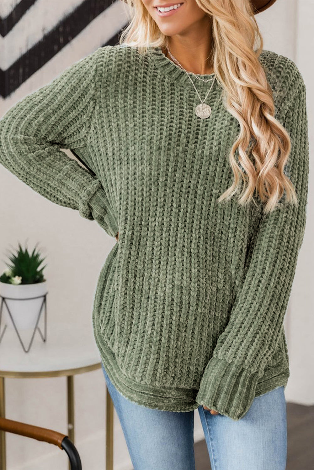 Lena Long Sleeve Round Hem Cable Knit Sweater - Threaded Pear