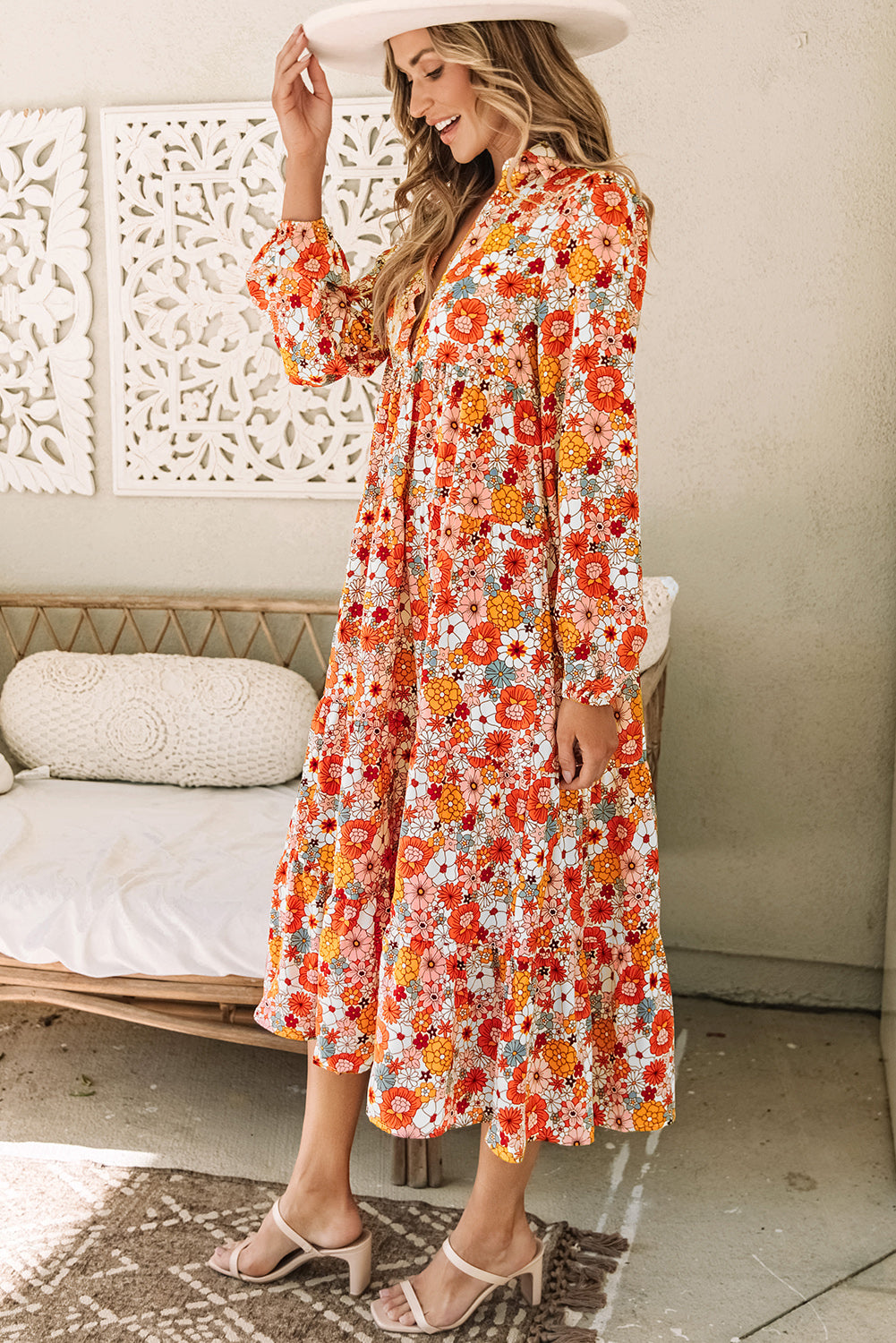 Floral Collared Long Sleeve Ruffled Dress