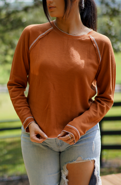 Cataleya Textured Round Neck Long Sleeve Top - Threaded Pear