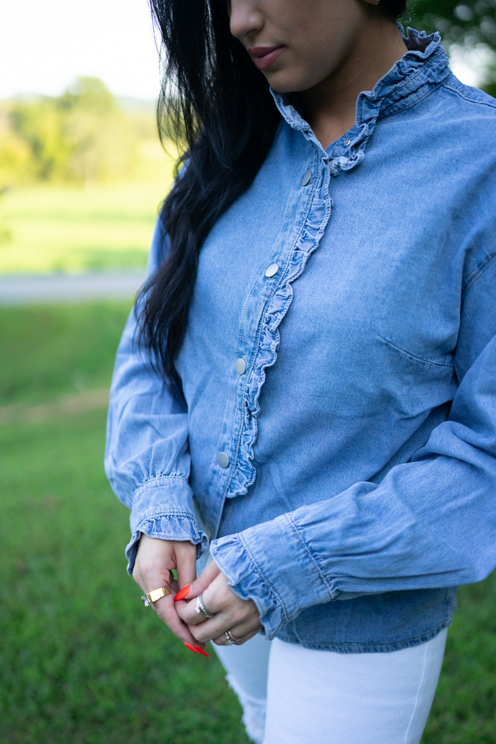 Ruffled Long Sleeve Buttoned Denim Shirt