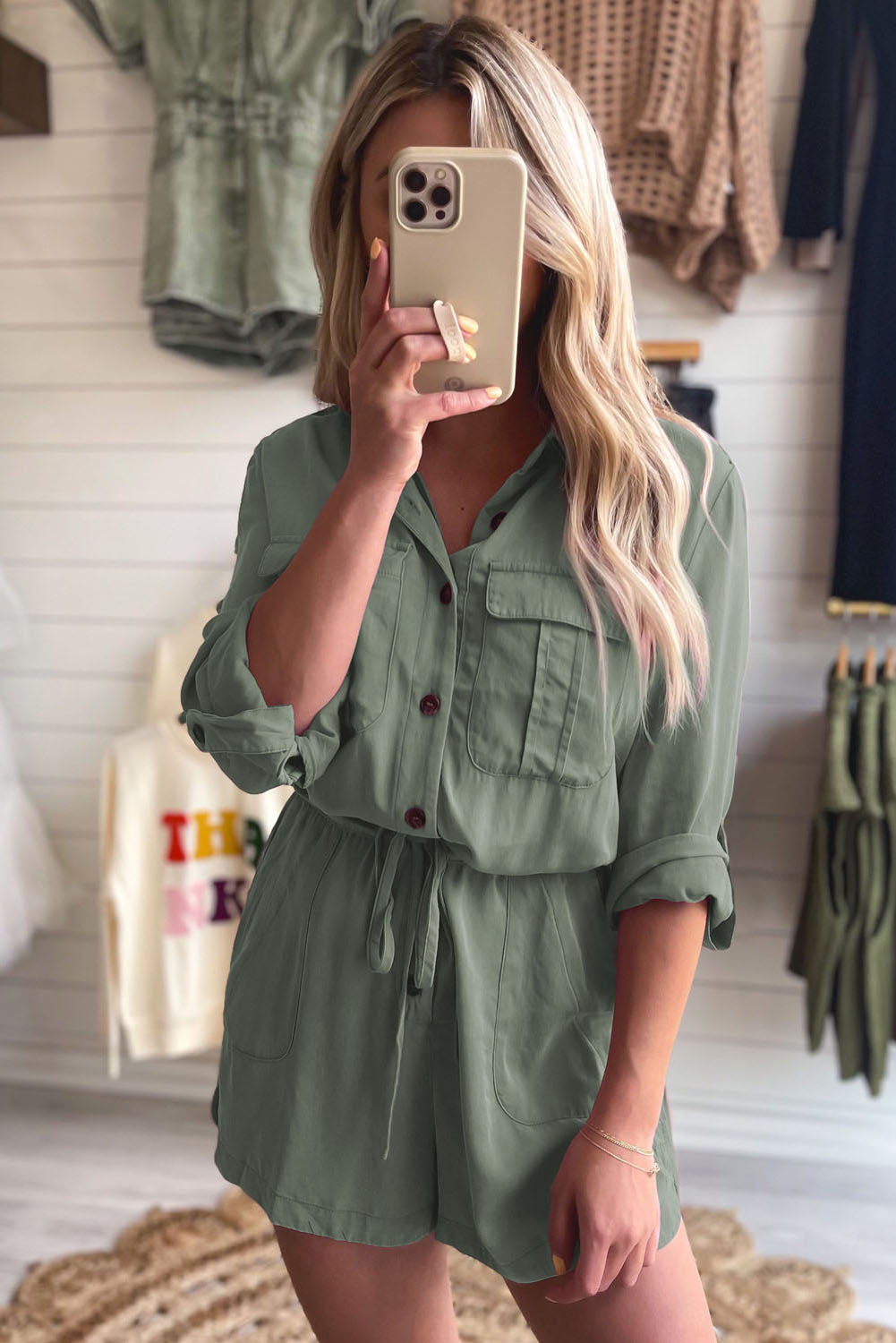 Reese Roll up Sleeve Flap Pockets Drawstring Romper - Threaded Pear