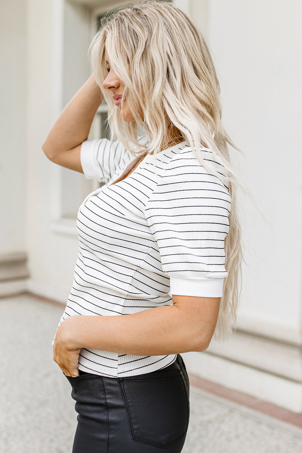 Dylan Striped Notch V Neck Short Sleeve Top - Threaded Pear