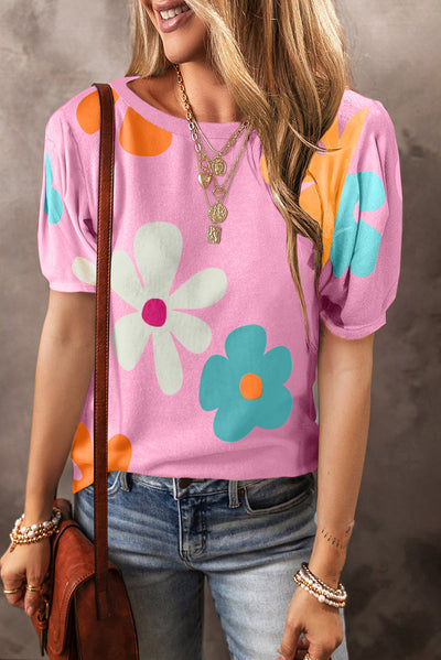 Macy Flower Print Bubble Sleeve Tee - Threaded Pear