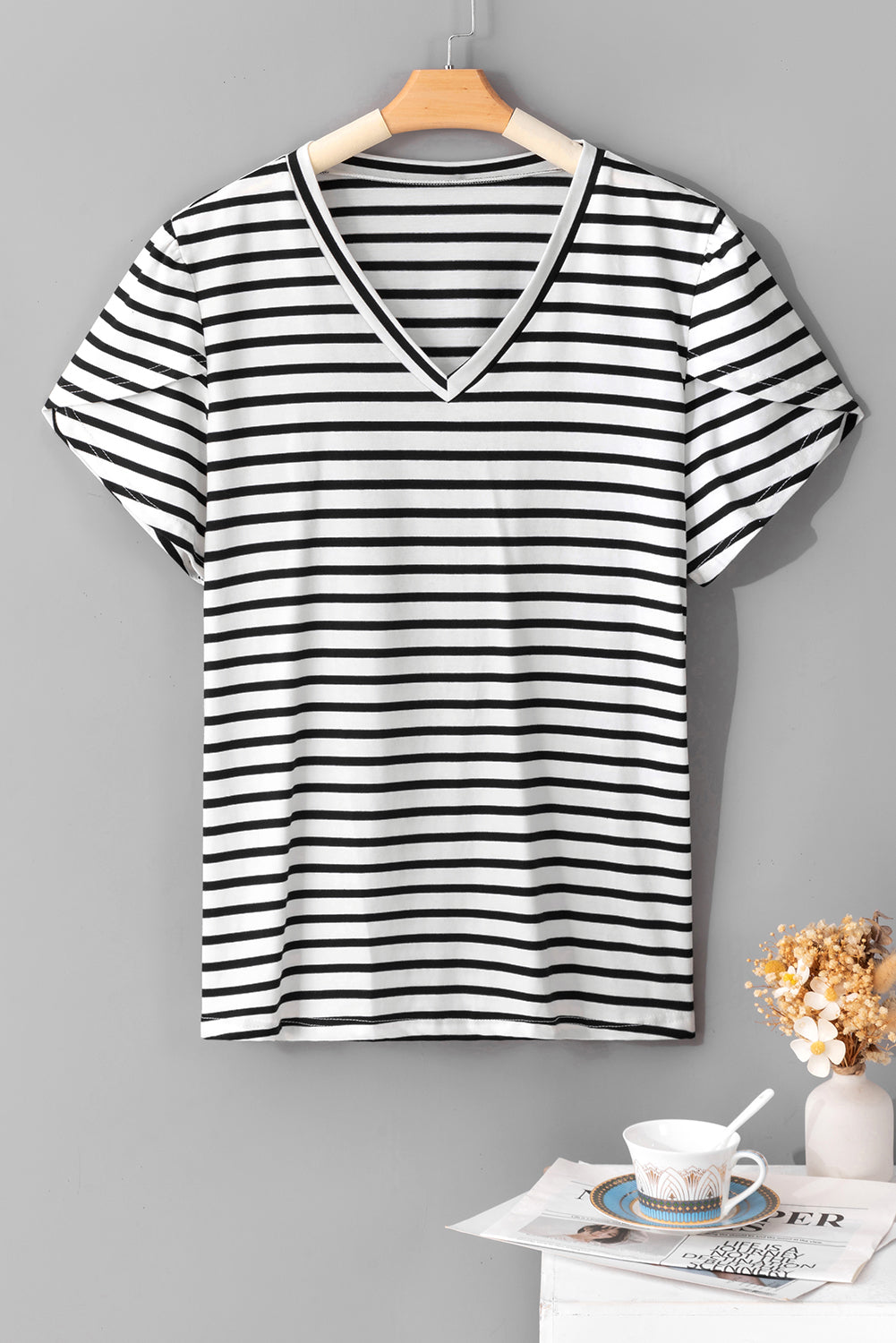 Stripe V Neck Petal Sleeve Plus Size Top