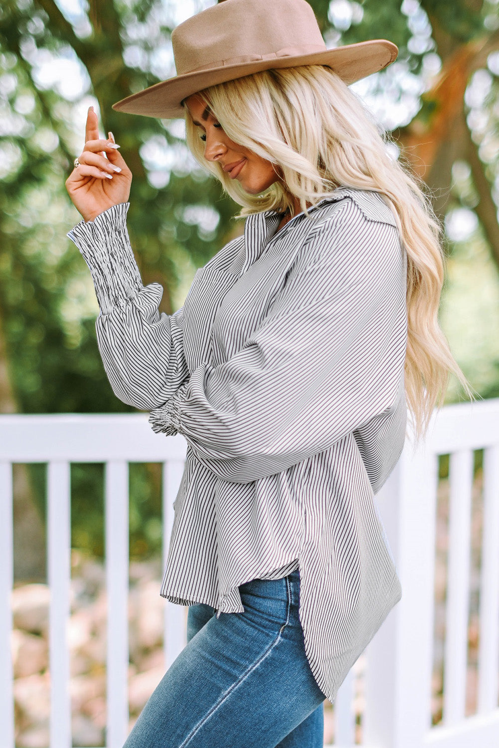 Skye Smocked Cuffed Striped Boyfriend Shirt with Pocket - Threaded Pear