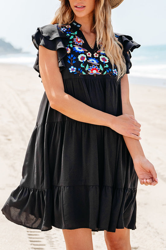 Floral Embroidered Tiered Ruffled Mini Dress