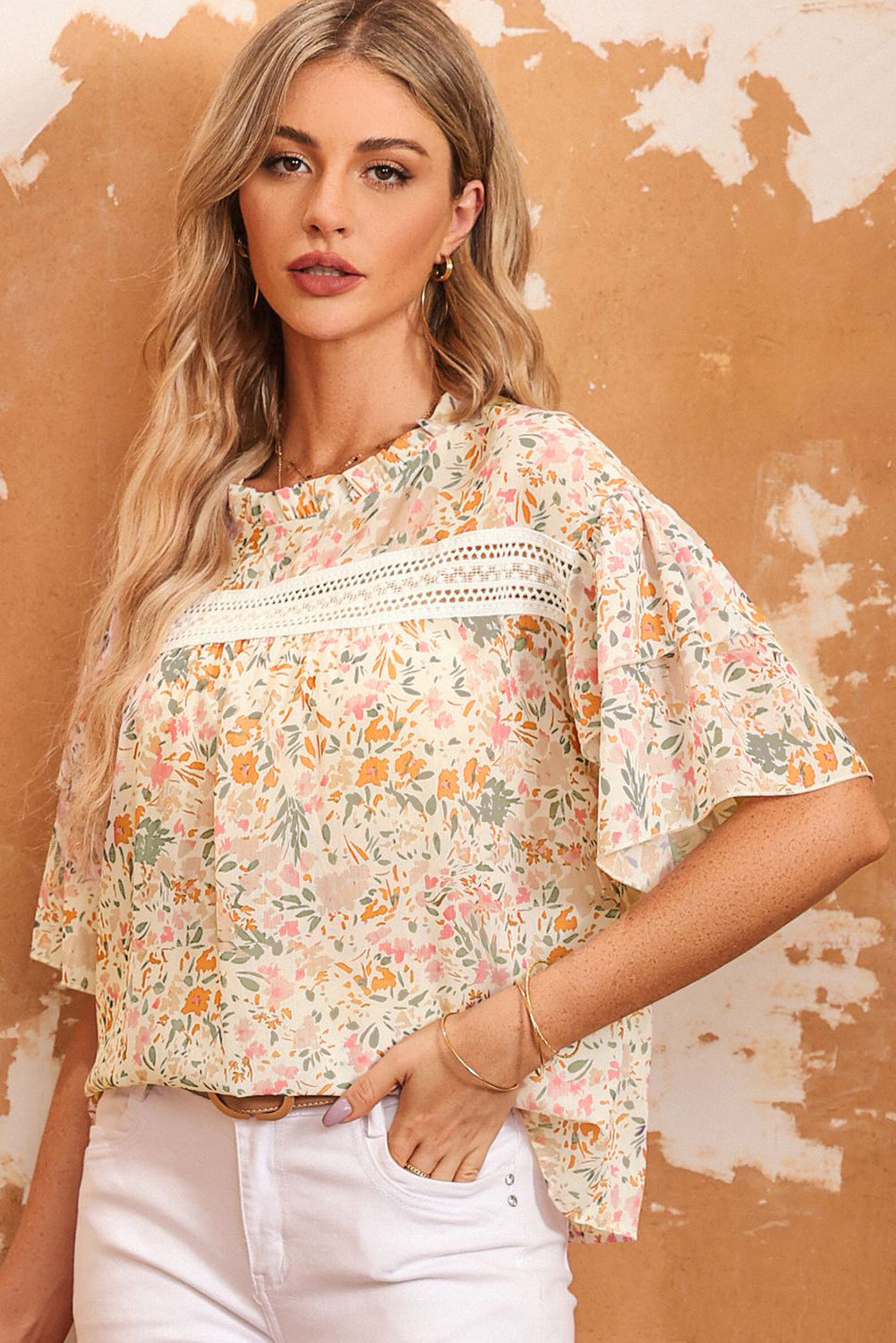 Karsyn Floral Print Wide Ruffle Sleeves Blouse - Threaded Pear