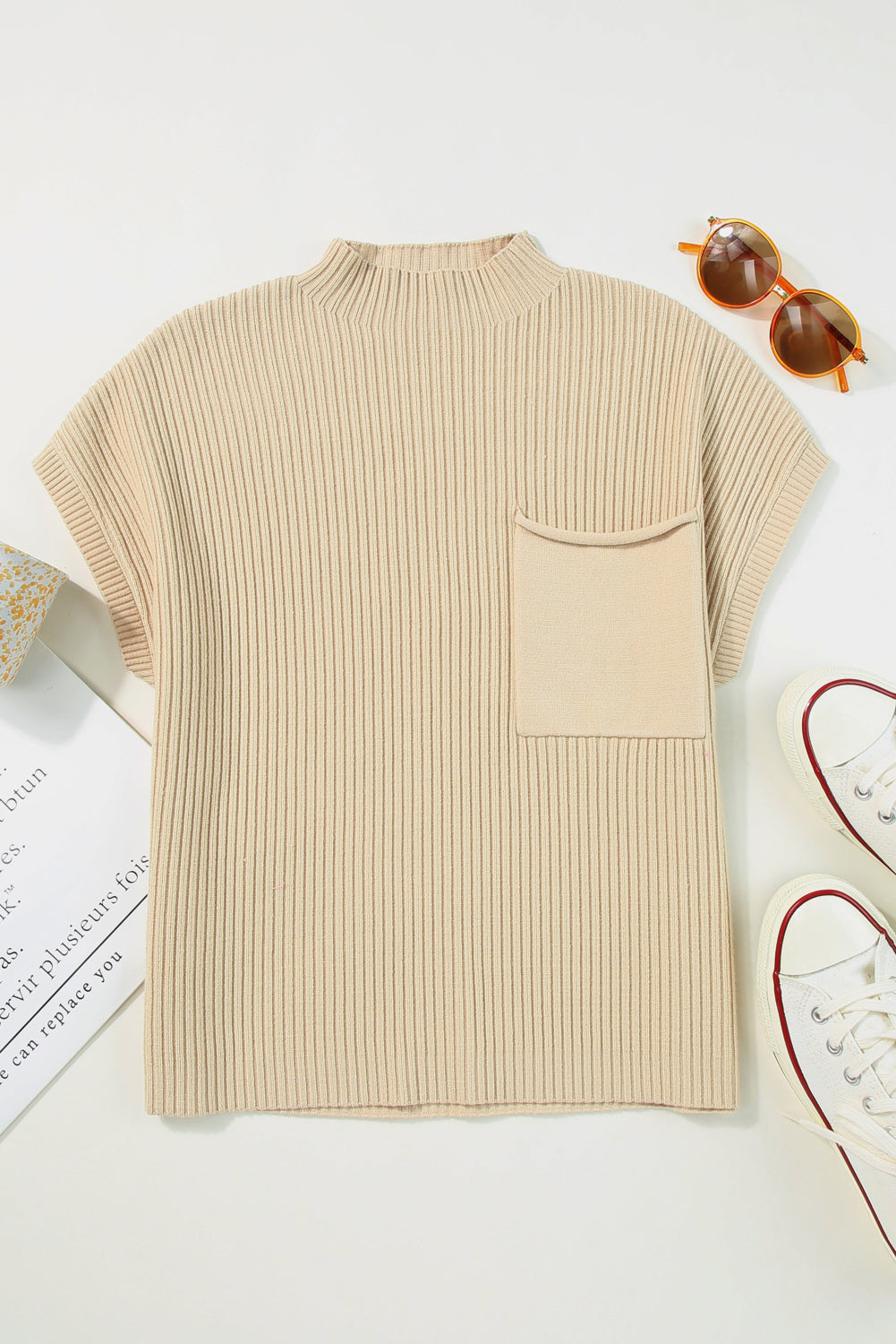 Lindsey Patch Pocket Ribbed Knit Short Sleeve Sweater - Threaded Pear