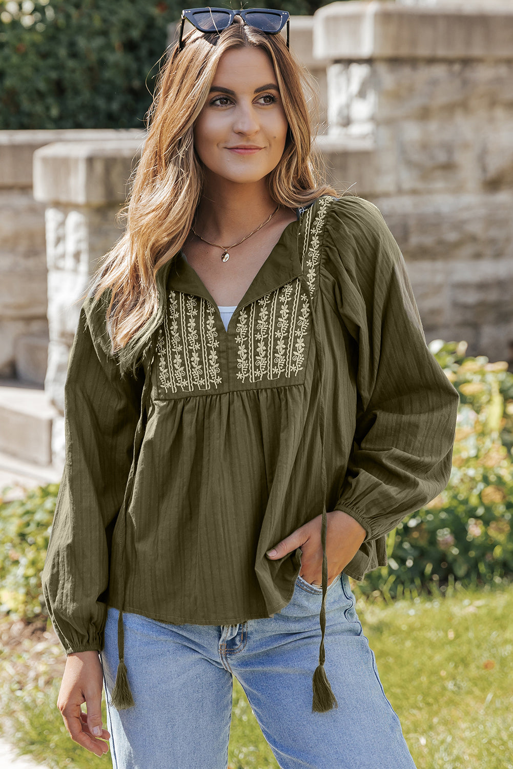 Embroidered Split Neck Top