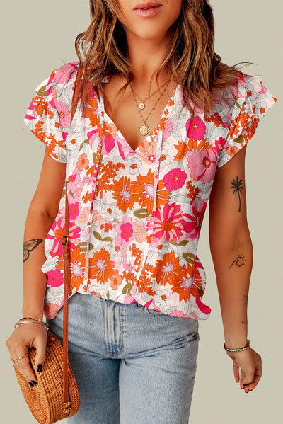 Joy Split V Neck Ruffle Sleeve Floral Blouse - Threaded Pear