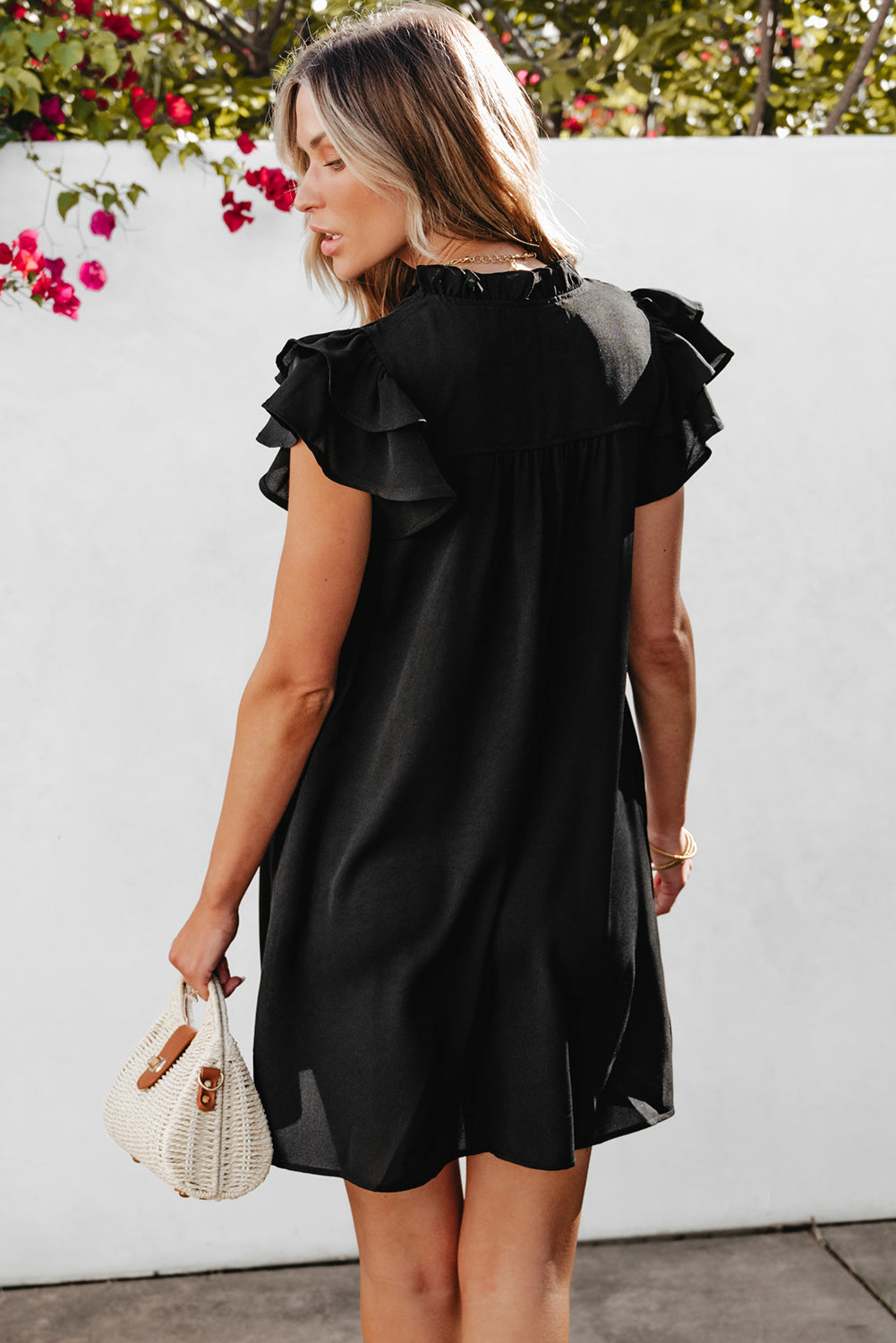 Pearl Ruffle Sleeve V Neck Frilled Shift Dress - Threaded Pear