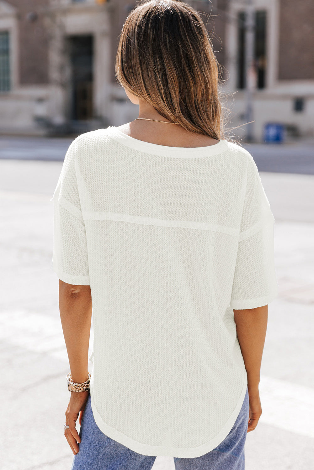 Jennifer Waffle Knit Drop Shoulder Loose Top - Threaded Pear