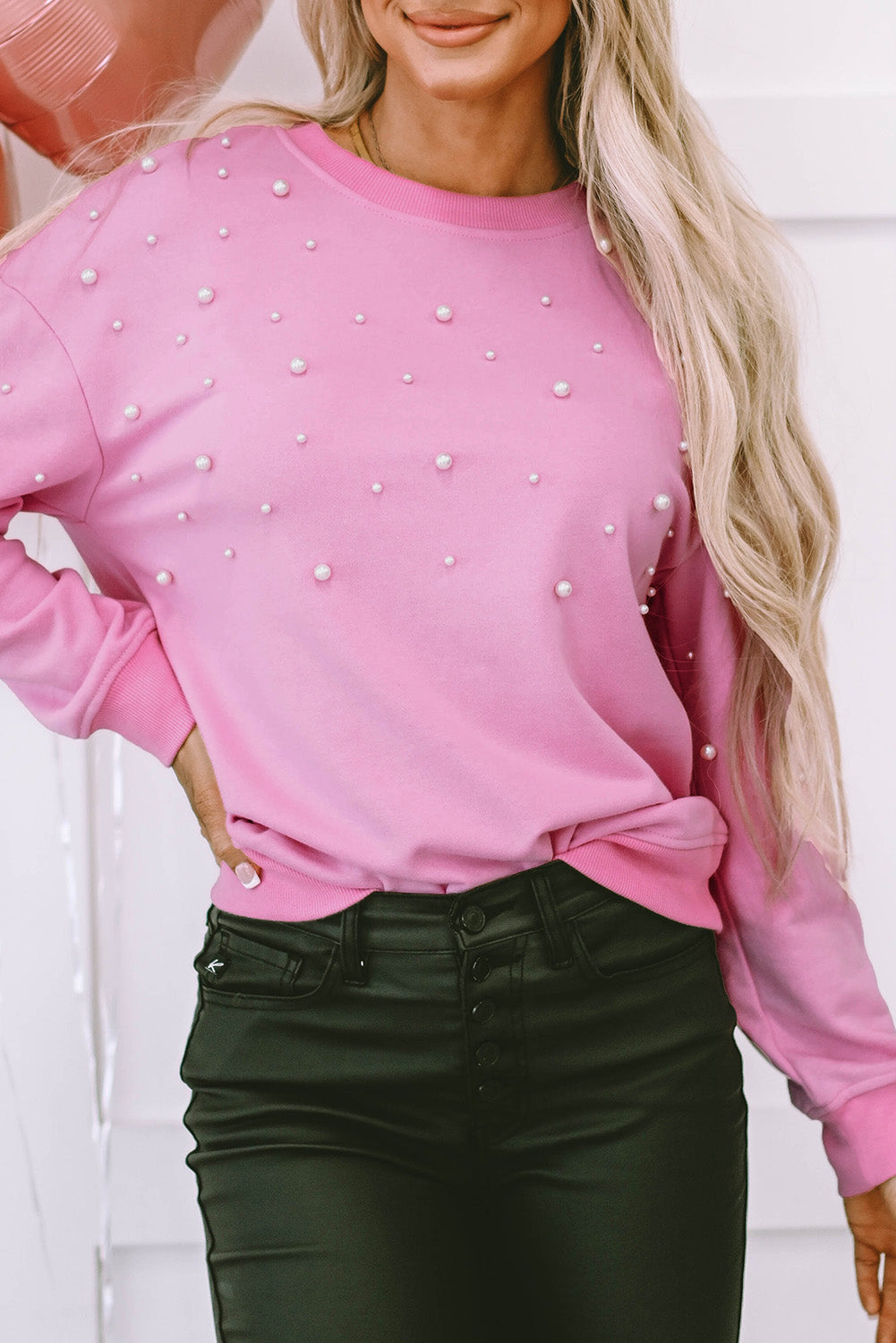 Lilah Pearl Detail Ribbed Crew Neck Sweatshirt - Threaded Pear