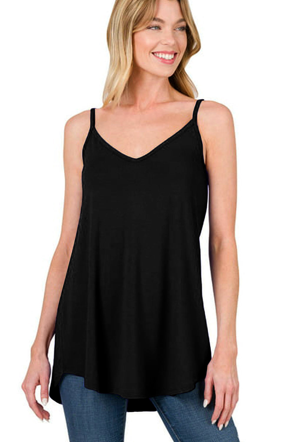 Gemma Spaghetti Strap V-Neck Flowy Tunic Tank Top - Threaded Pear