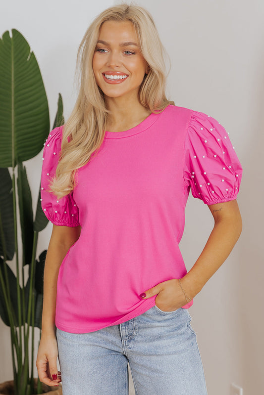 Shiloh Ribbed Pearl Beaded Puff Sleeve Top