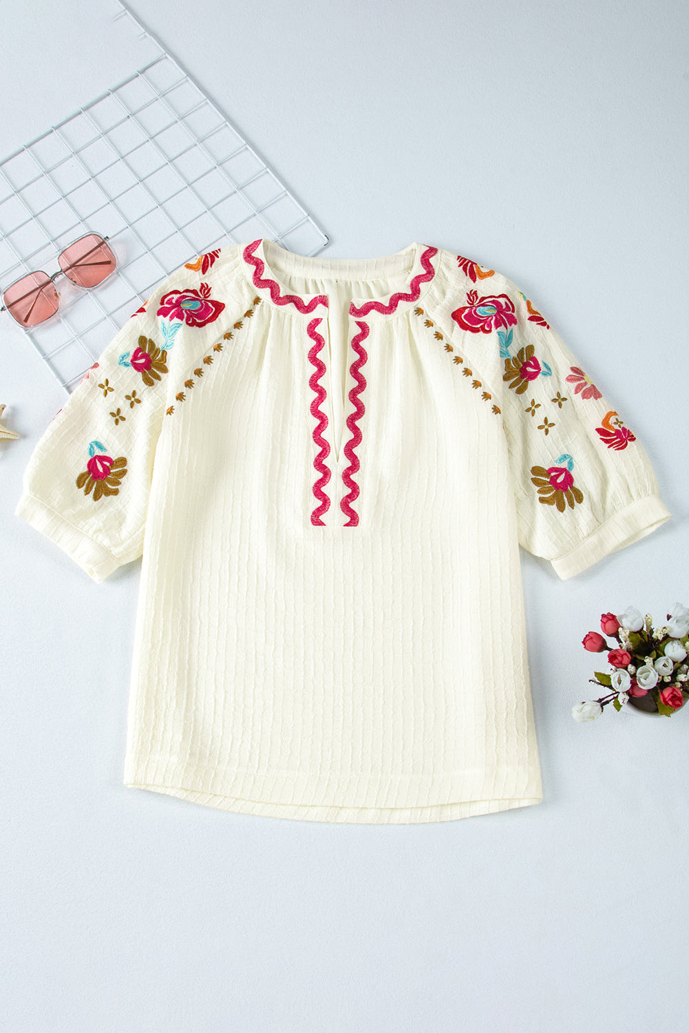 Floral Embroidered Puff Sleeve Blouse