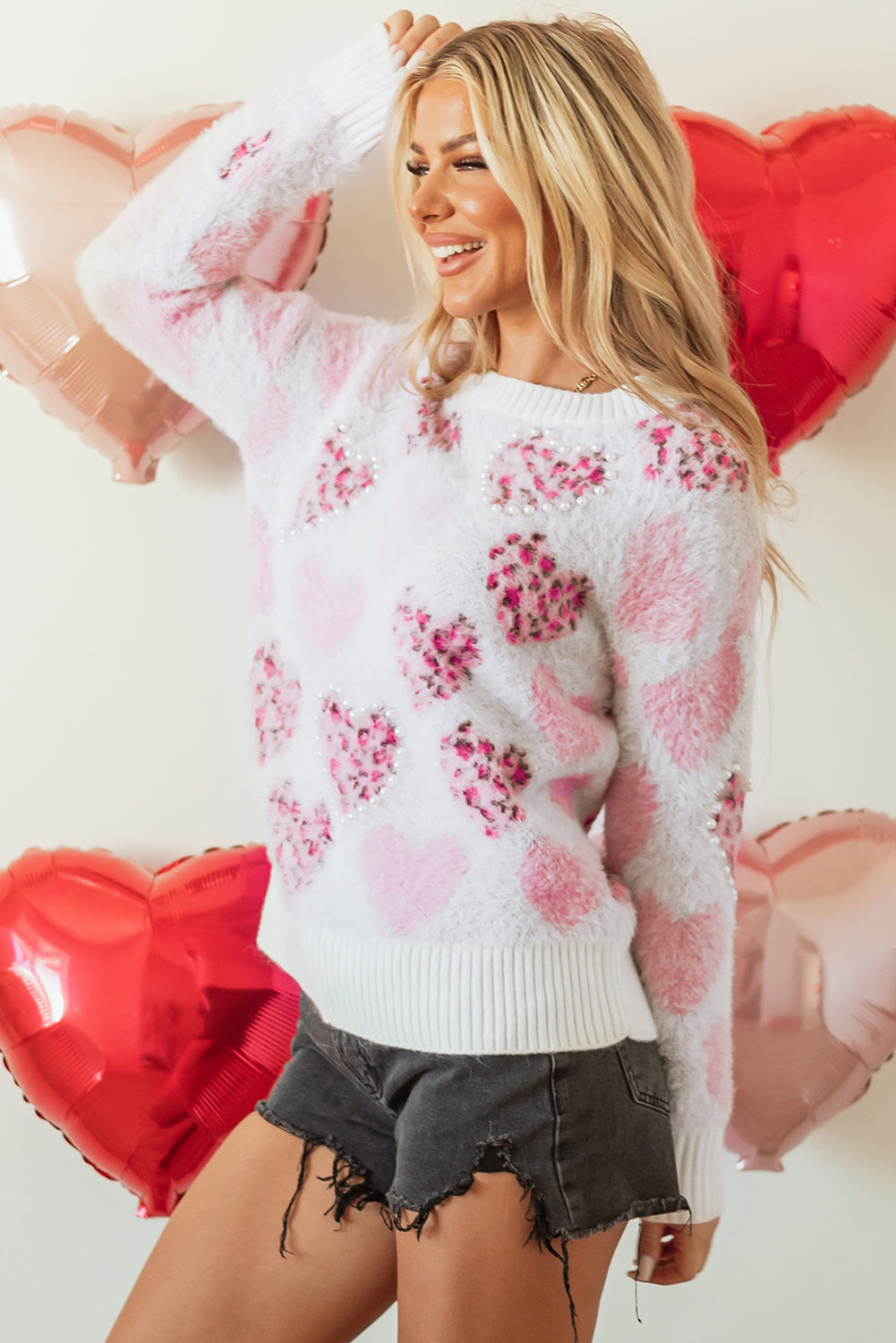 Heart Leopard Pearled Fuzzy Sweater