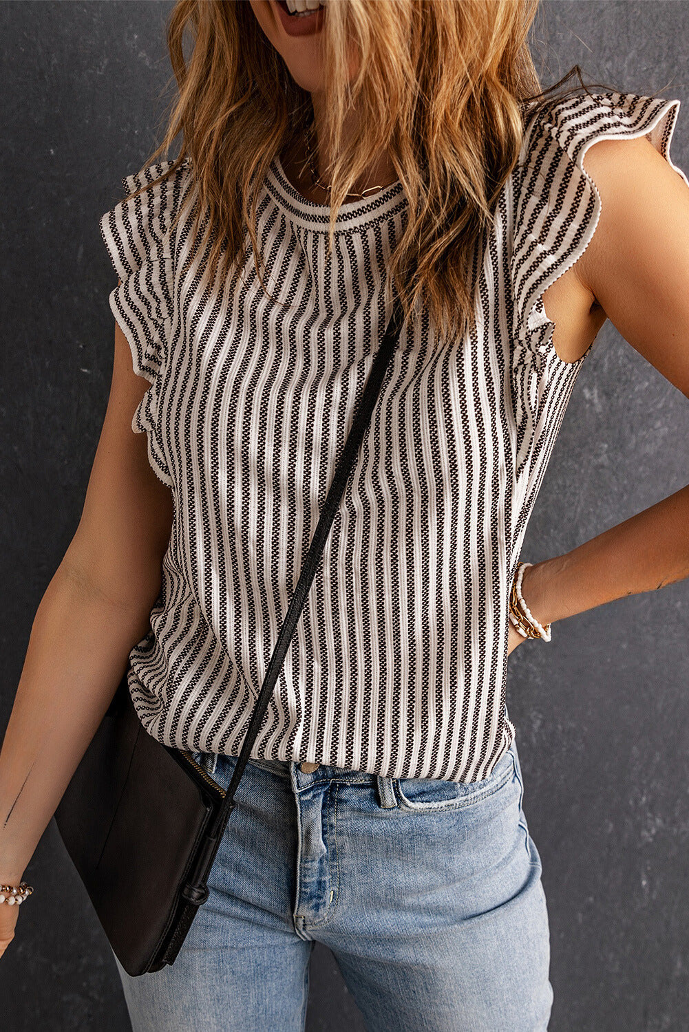 Crew Neck Ruffled Striped Tank Top