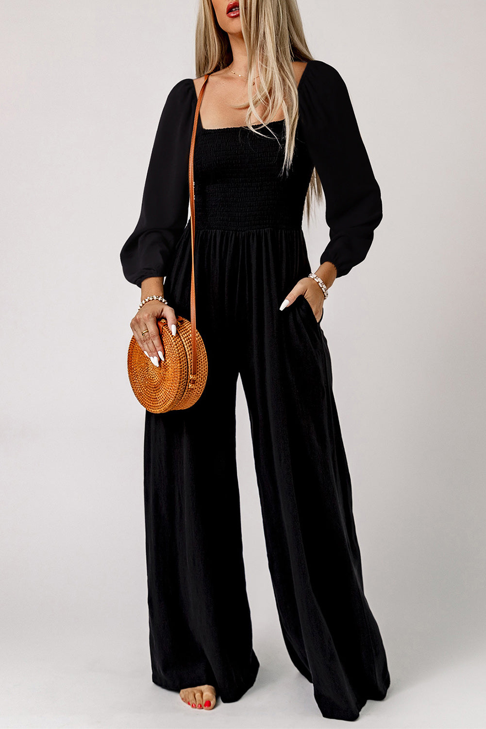 Ryleigh Smocked Square Neck Long Sleeve Wide Leg Jumpsuit - Threaded Pear