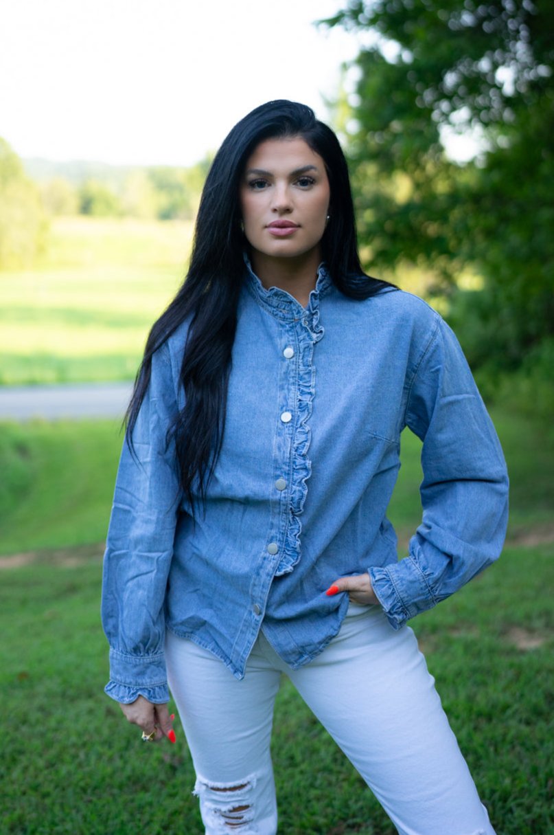 Ruffled Long Sleeve Buttoned Denim Shirt