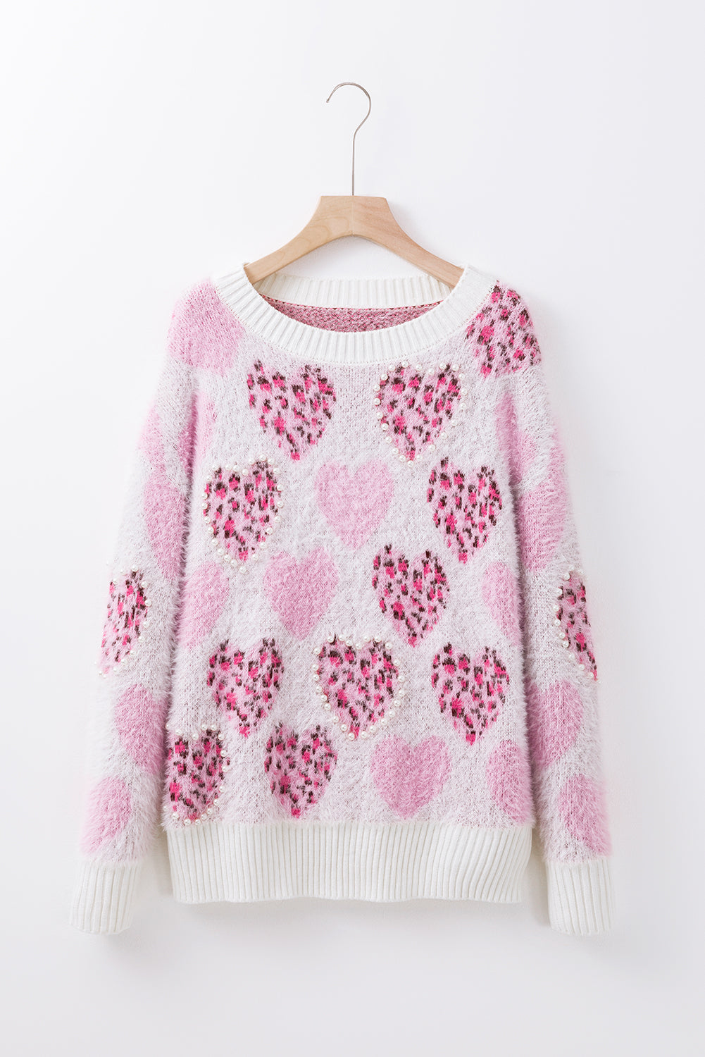 Heart Leopard Pearled Fuzzy Sweater