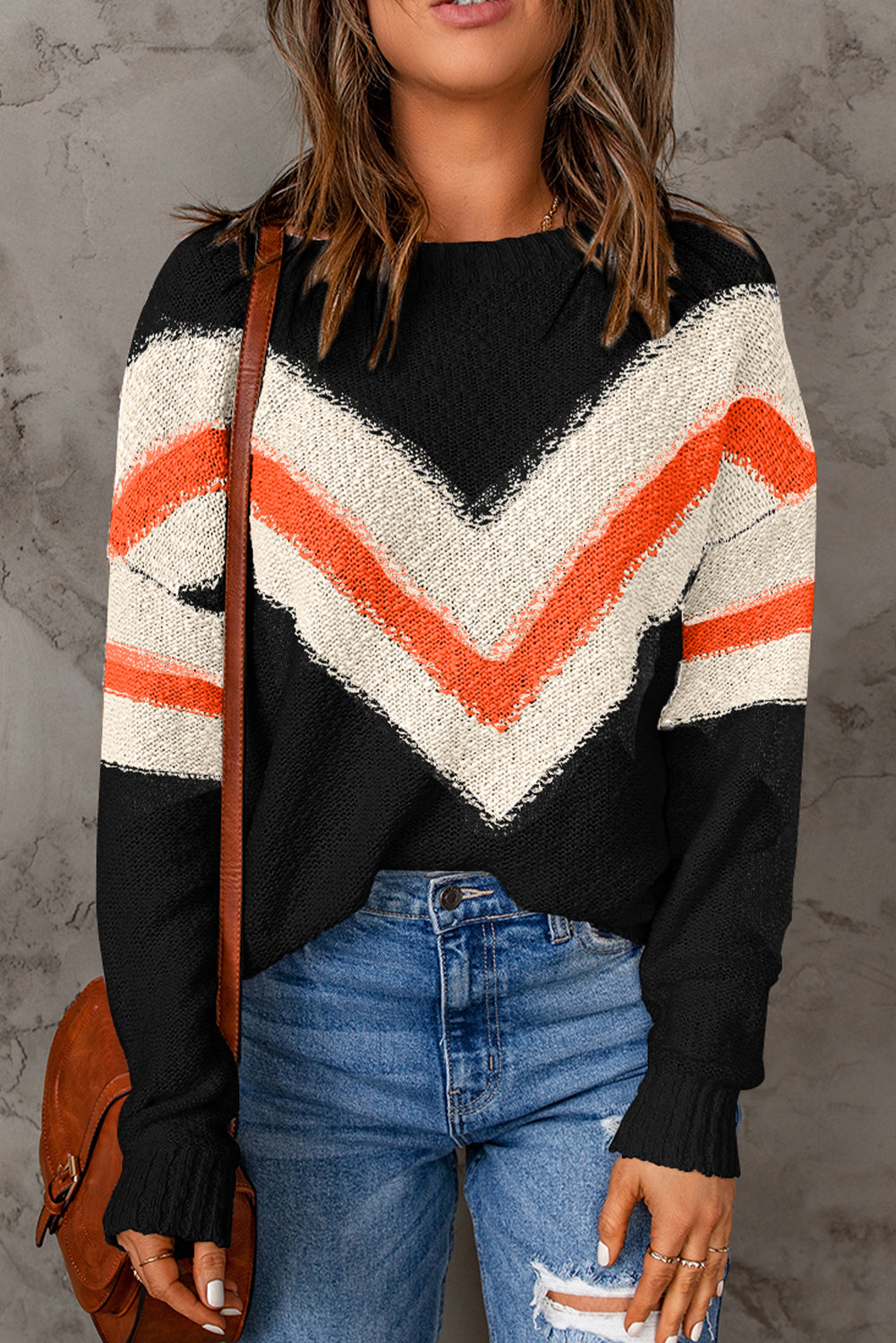 Haisley Chevron Striped Drop Shoulder Sweater - Threaded Pear