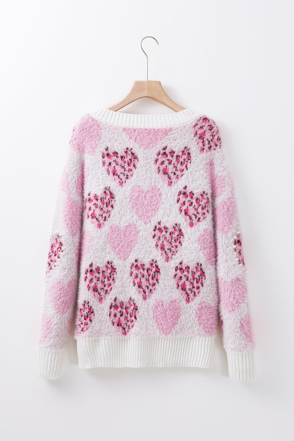 Heart Leopard Pearled Fuzzy Sweater