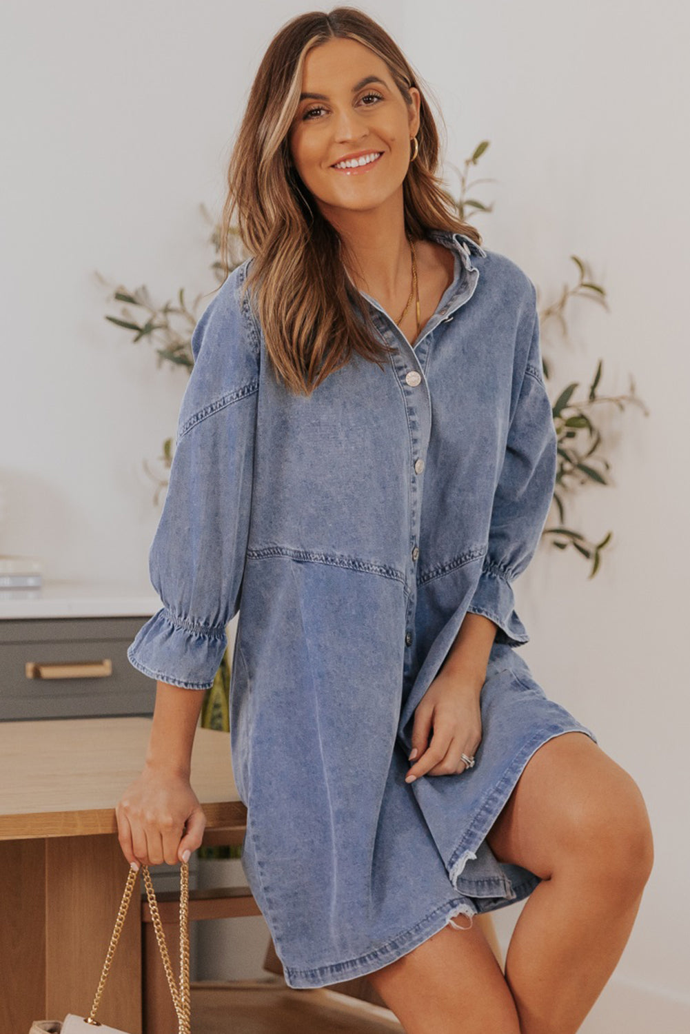 Londyn Buttoned Long Sleeve Denim Mini Dress - Threaded Pear