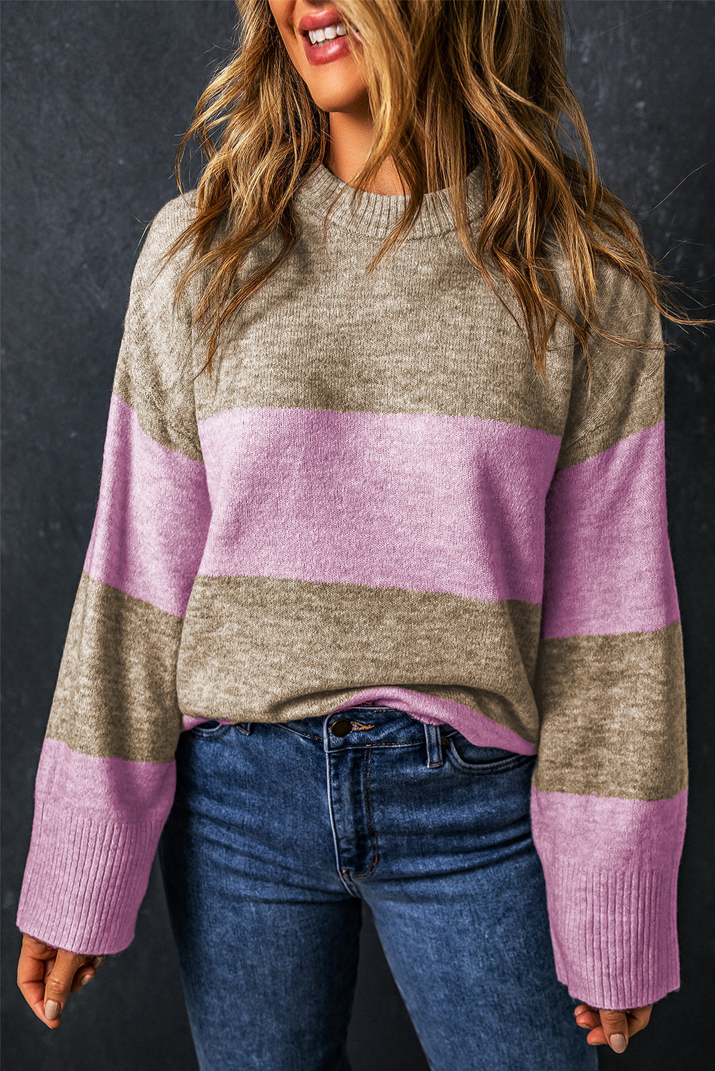 Renata Stripe Crew Neck Wide Sleeve Colorblock Sweater - Threaded Pear