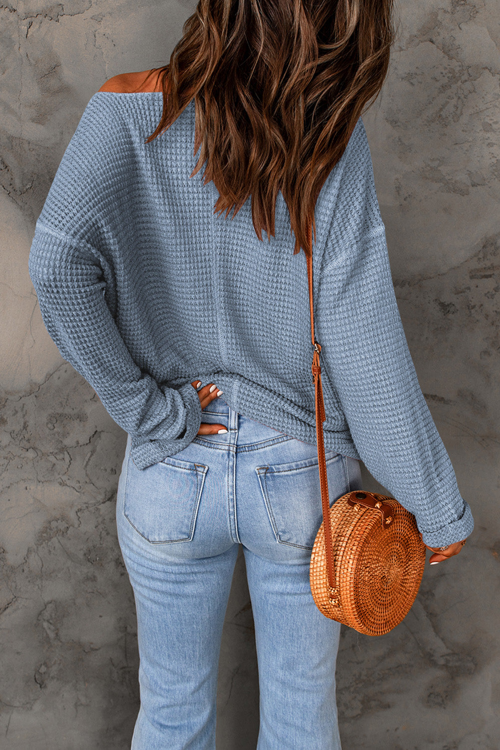 Rylie Waffle Knit Loose Long Sleeve Top - Threaded Pear