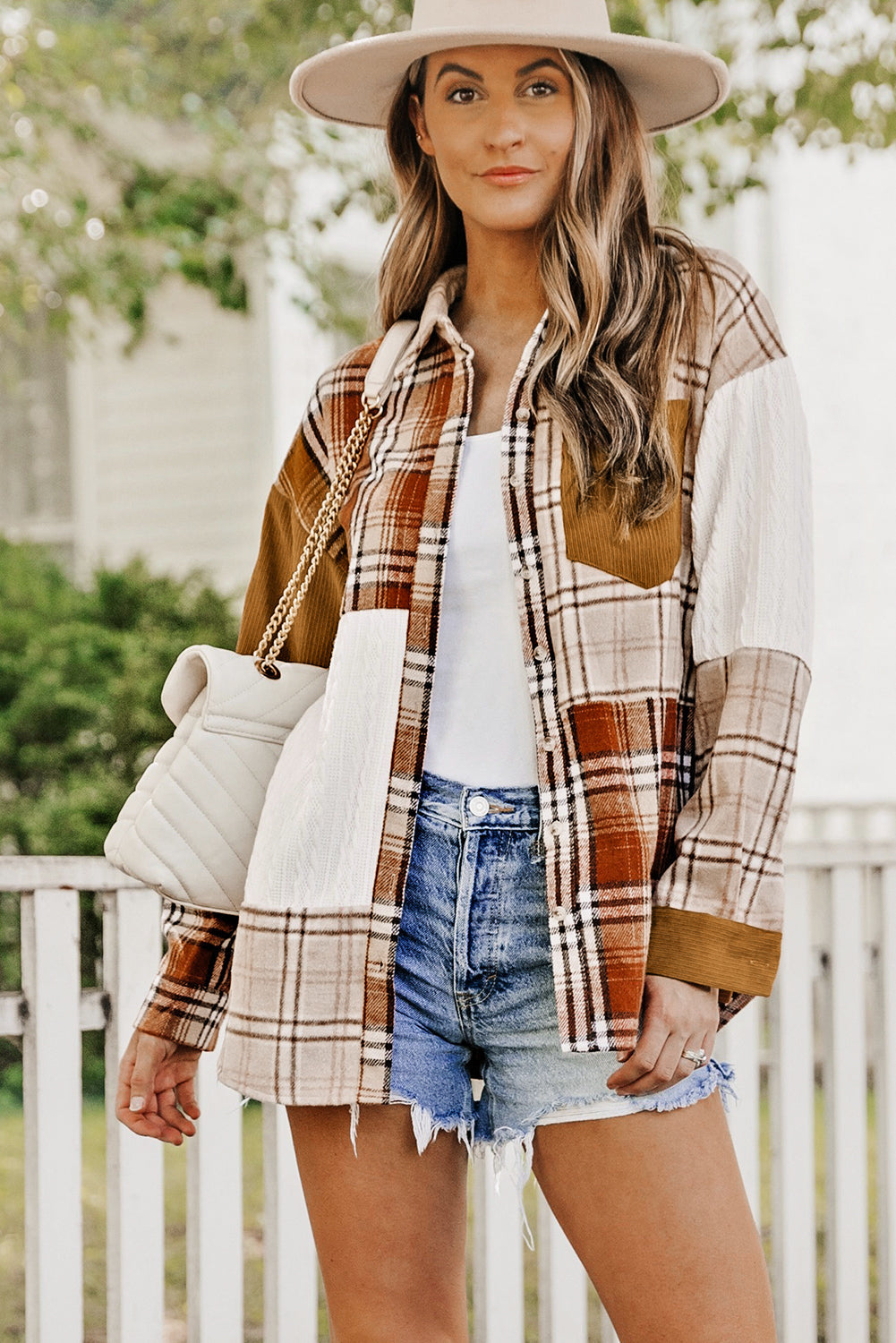 Sutton Plaid Color Block Patchwork Shirt Jacket with Pocket - Threaded Pear