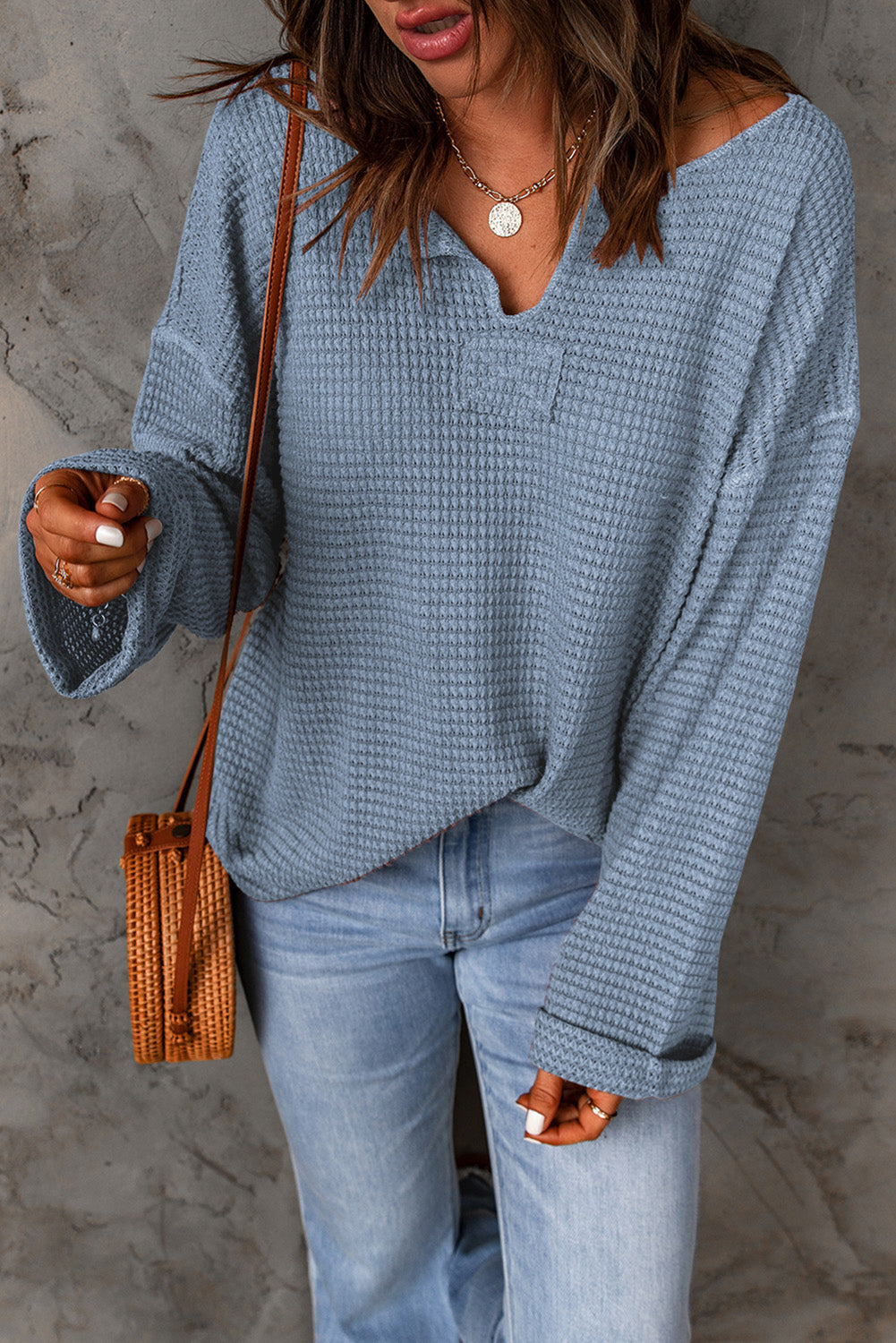 Rylie Waffle Knit Loose Long Sleeve Top - Threaded Pear