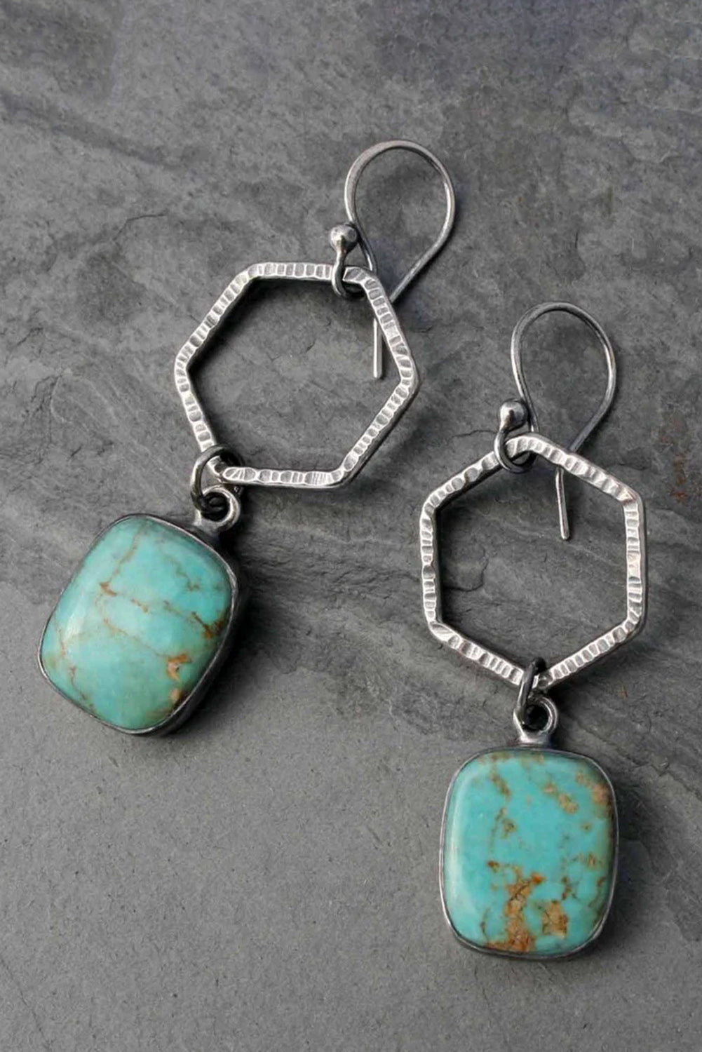 Vintage Turquoise Geometric Drop Earrings - Threaded Pear