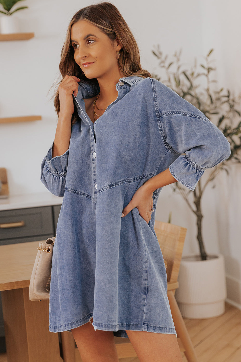 Londyn Buttoned Long Sleeve Denim Mini Dress - Threaded Pear