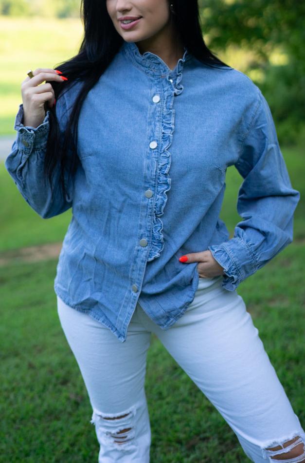 Ruffled Long Sleeve Buttoned Denim Shirt