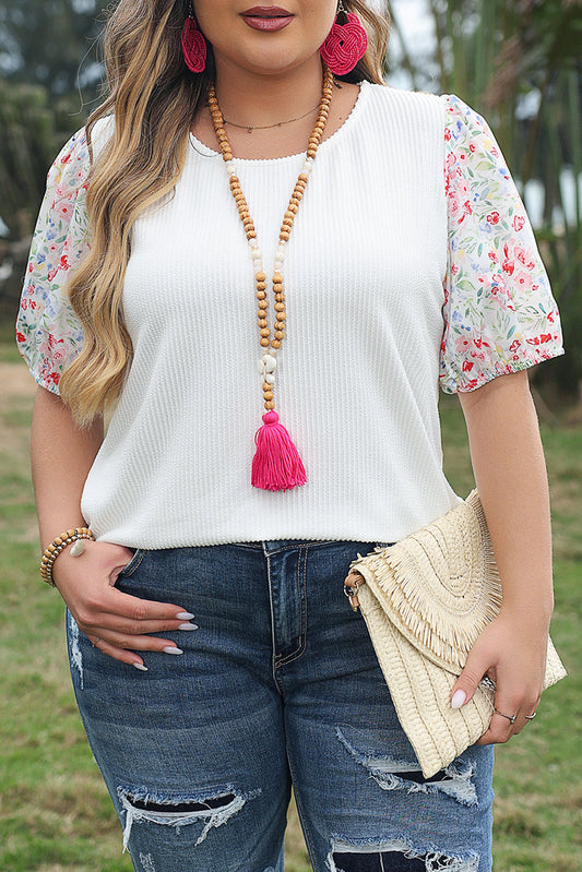 Contrast Floral Puff Sleeve Ribbed Knit Plus Size Blouse