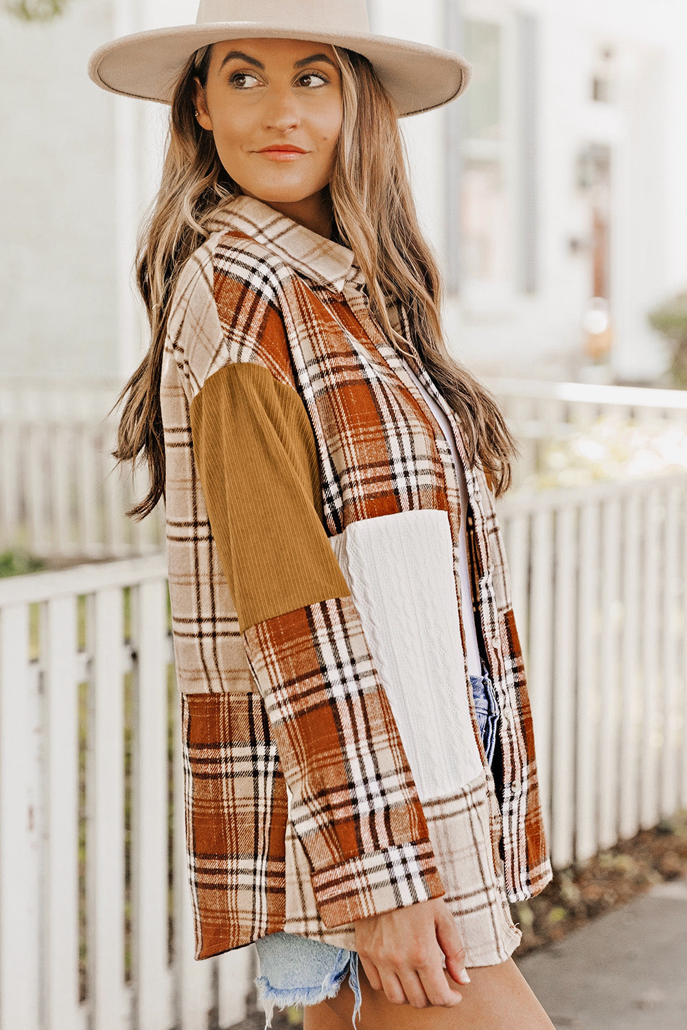 Sutton Plaid Color Block Patchwork Shirt Jacket with Pocket - Threaded Pear